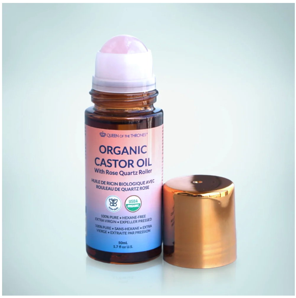Roll-on à l'huile de ricin dorée bio au quartz rose 50 ml