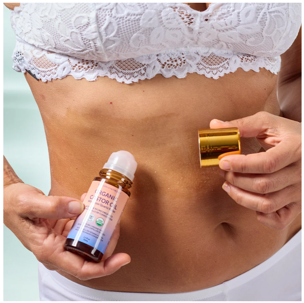 Roll-on à l'huile de ricin dorée bio au quartz rose 50 ml