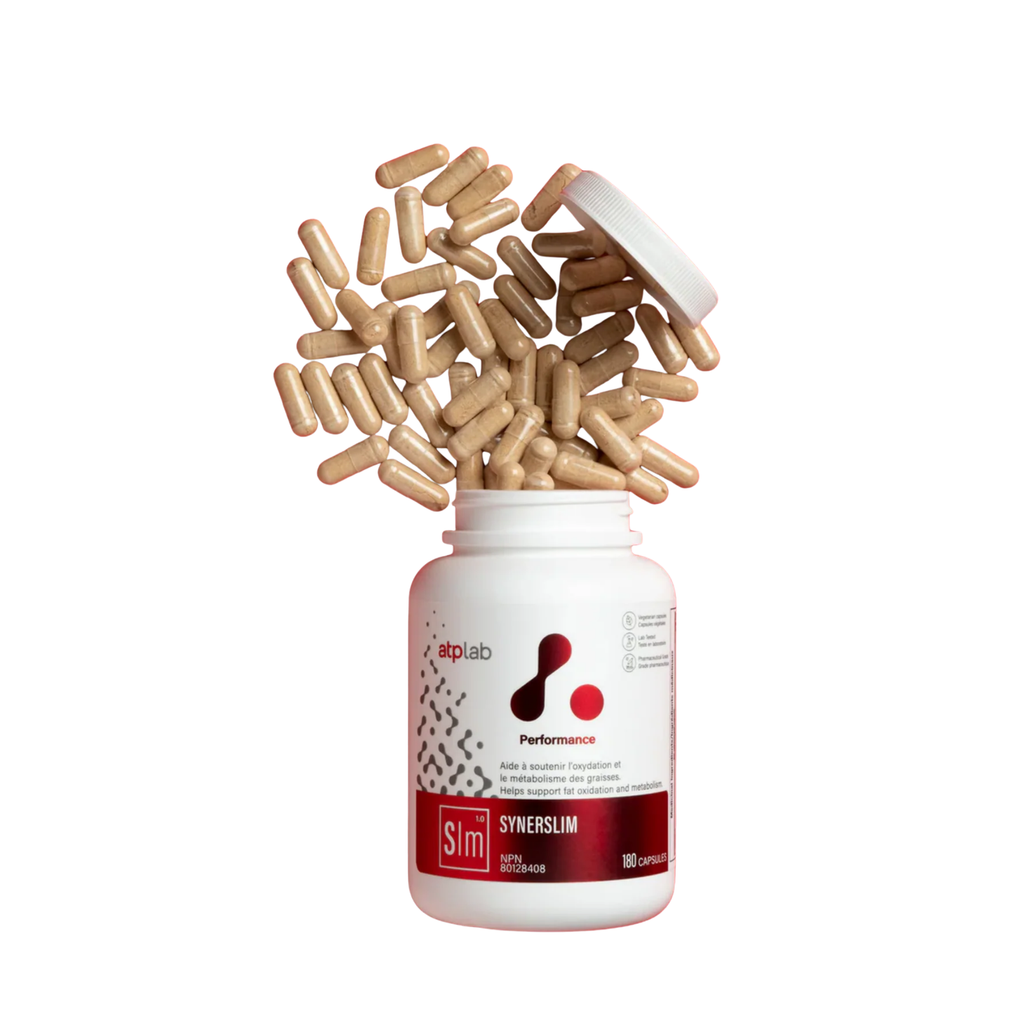 Supplement bottle with open lid, spilling out capsules onto a white background
