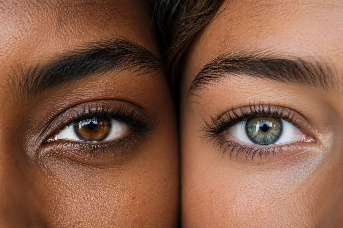 Close-up of two eyes showing iris colour and detail, iridology