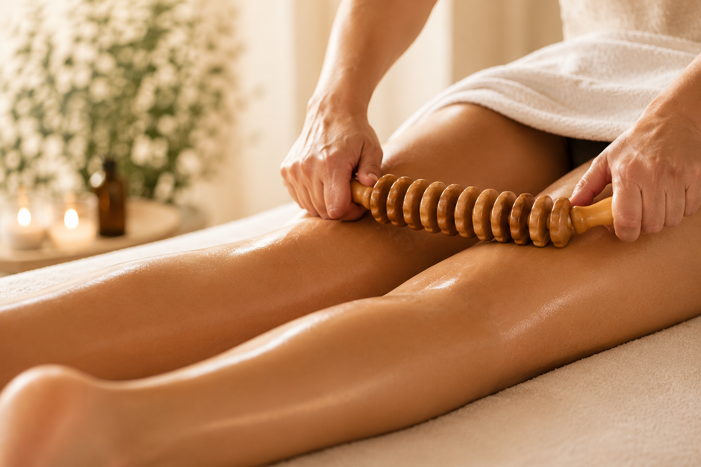 Lymphatic drainage treatment using a wooden massage roller