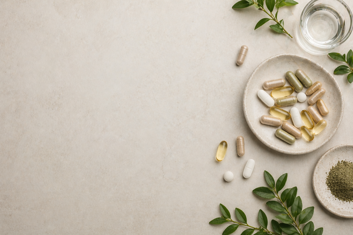 Natural health supplements with water and greenery